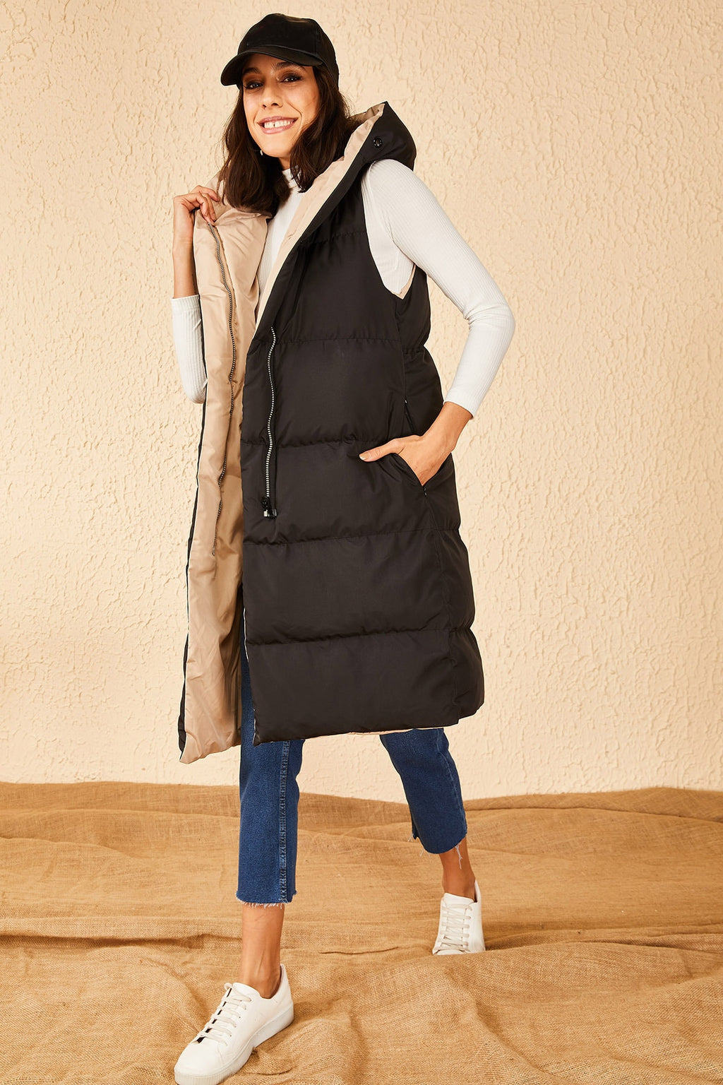 Kadın Çift Taraflı Uzun Kapişonlu Kolsuz Şişme Yelek