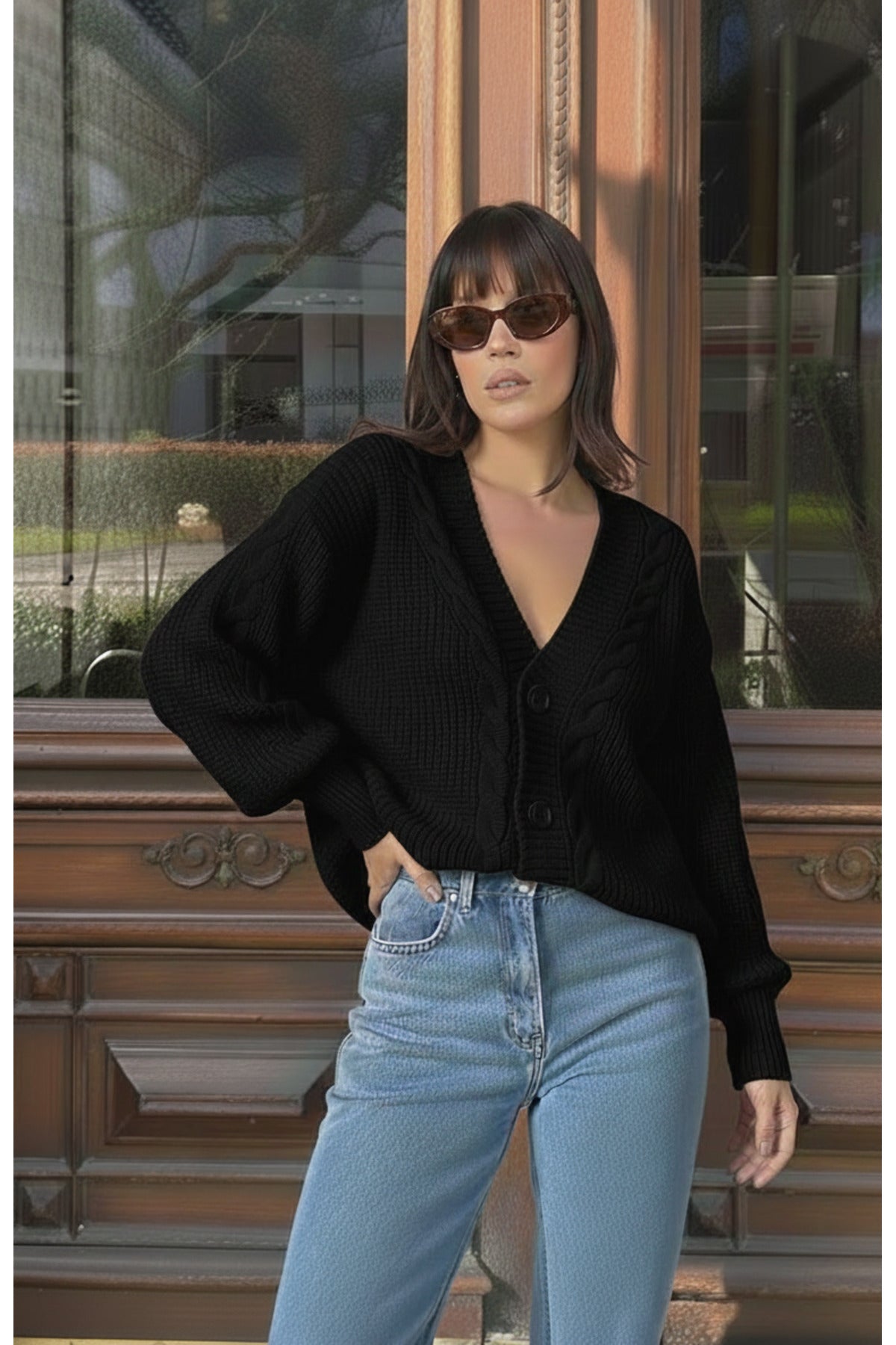 Kadın Örgülü Balon Kollu Salaş Triko Hırka