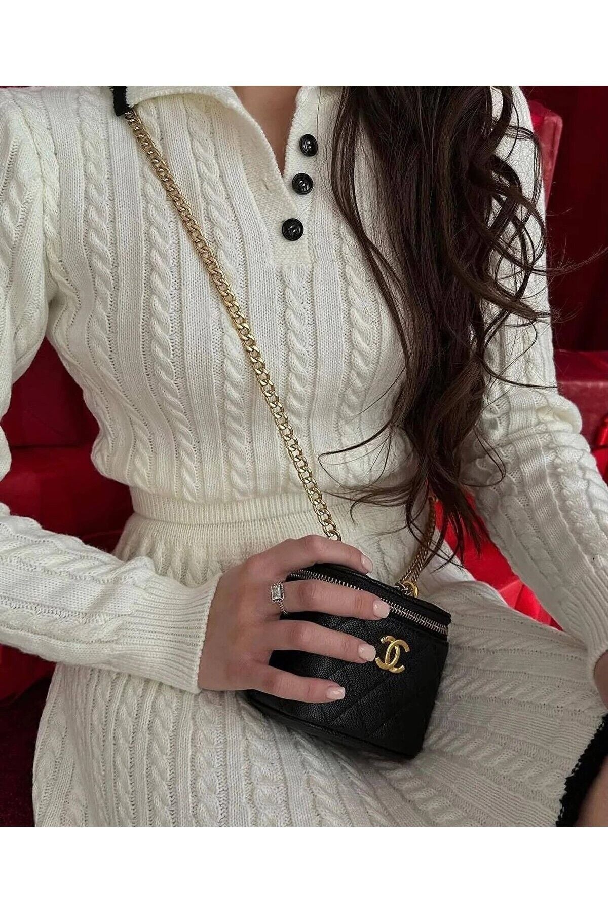 Kadın Triko Takım Polo Yaka Şık Kazak Etek Ikili Likralıdır