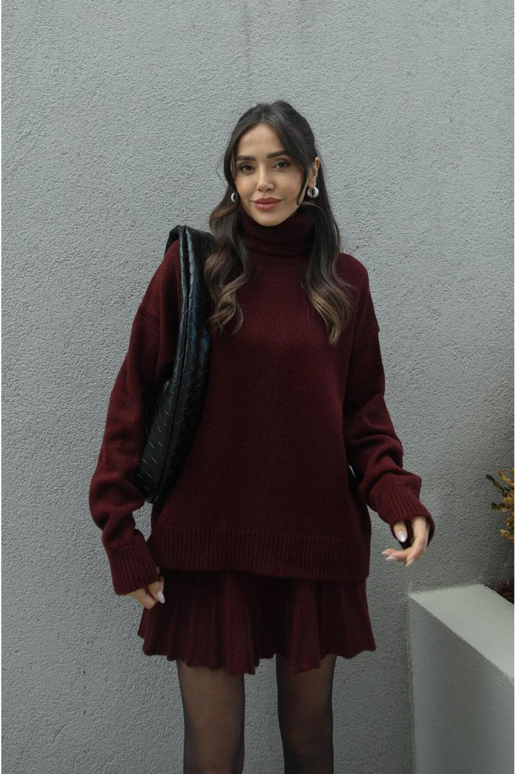 Bordo Pileli Mini Etek Balıkçı Kazak Alt Üst Triko Takım