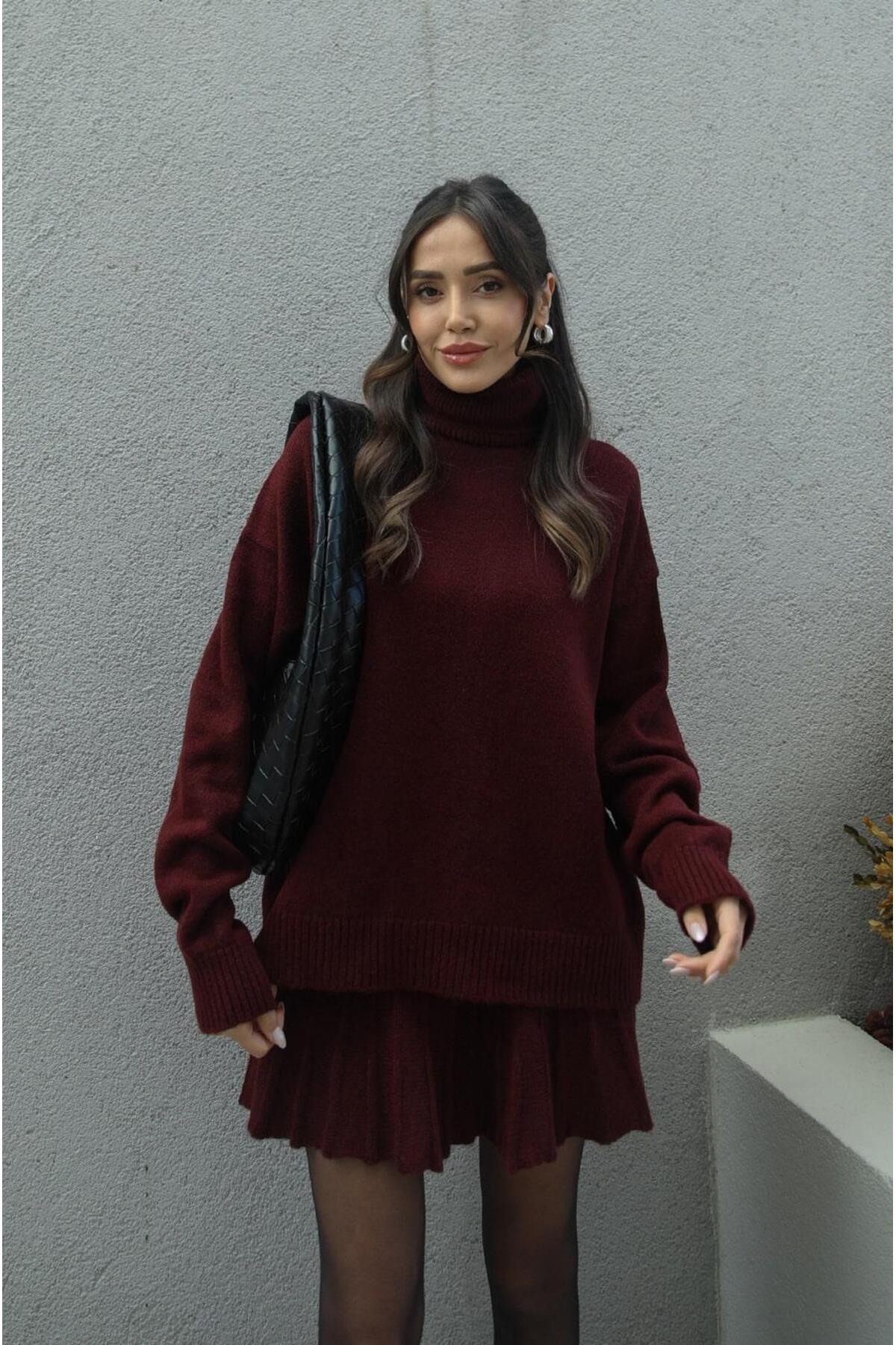 Bordo Pileli Mini Etek Balıkçı Kazak Alt Üst Triko Takım