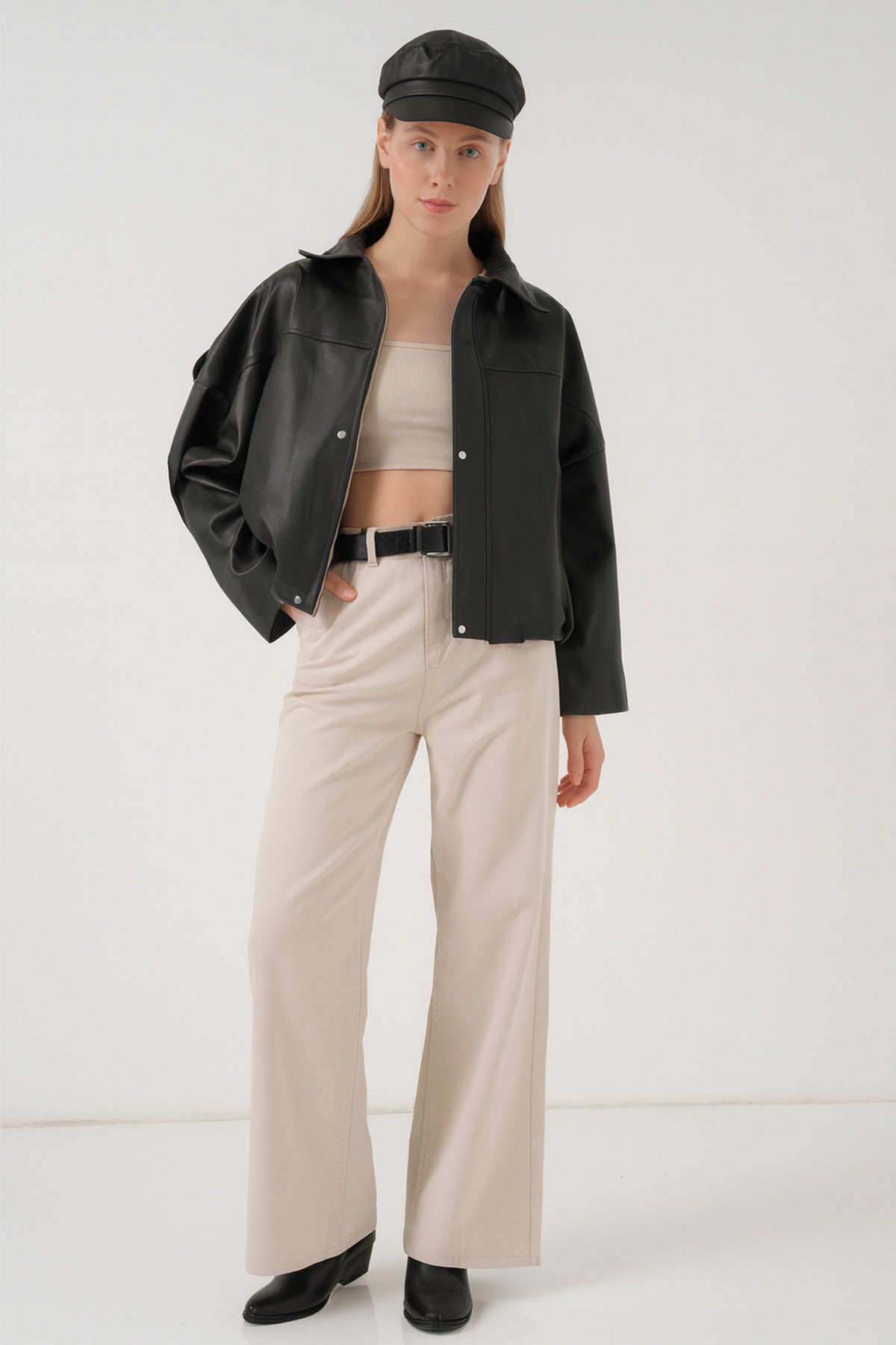 Kadın Oversize Şık Deri Ceket