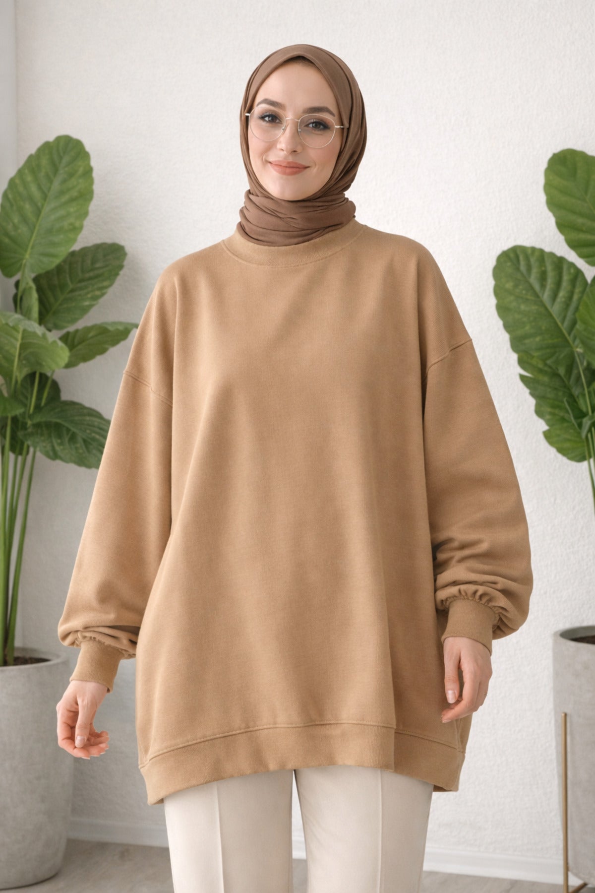 Kadın Kapüşonlu Balon Kol 3 İplik Şardonlu Geniş Ve Bol Kalıp Polar