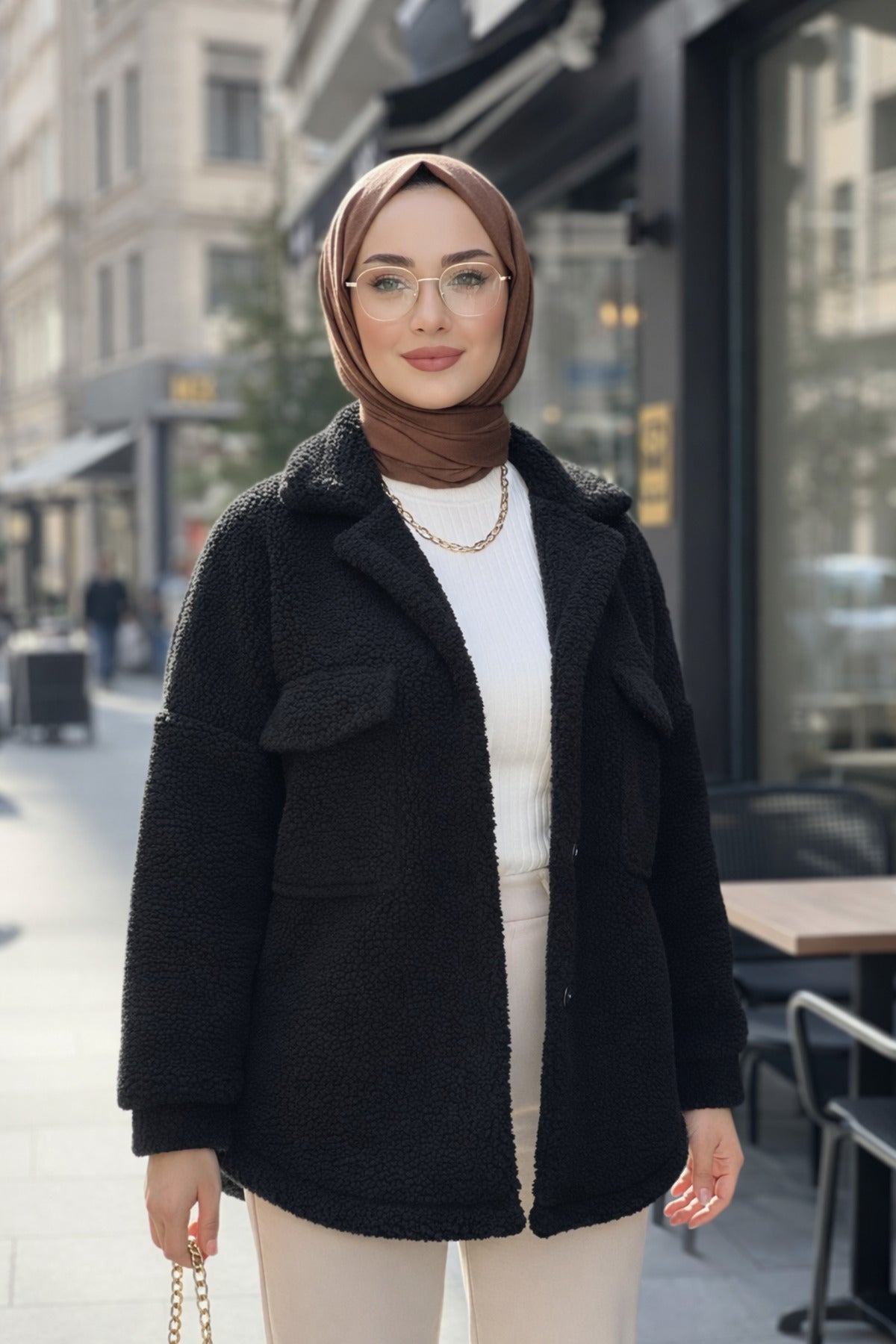 Kadın Oversize Peluş Kaban Cepli, Yumuşak Kumaş, Sıcak Tutan Günlük Ceket