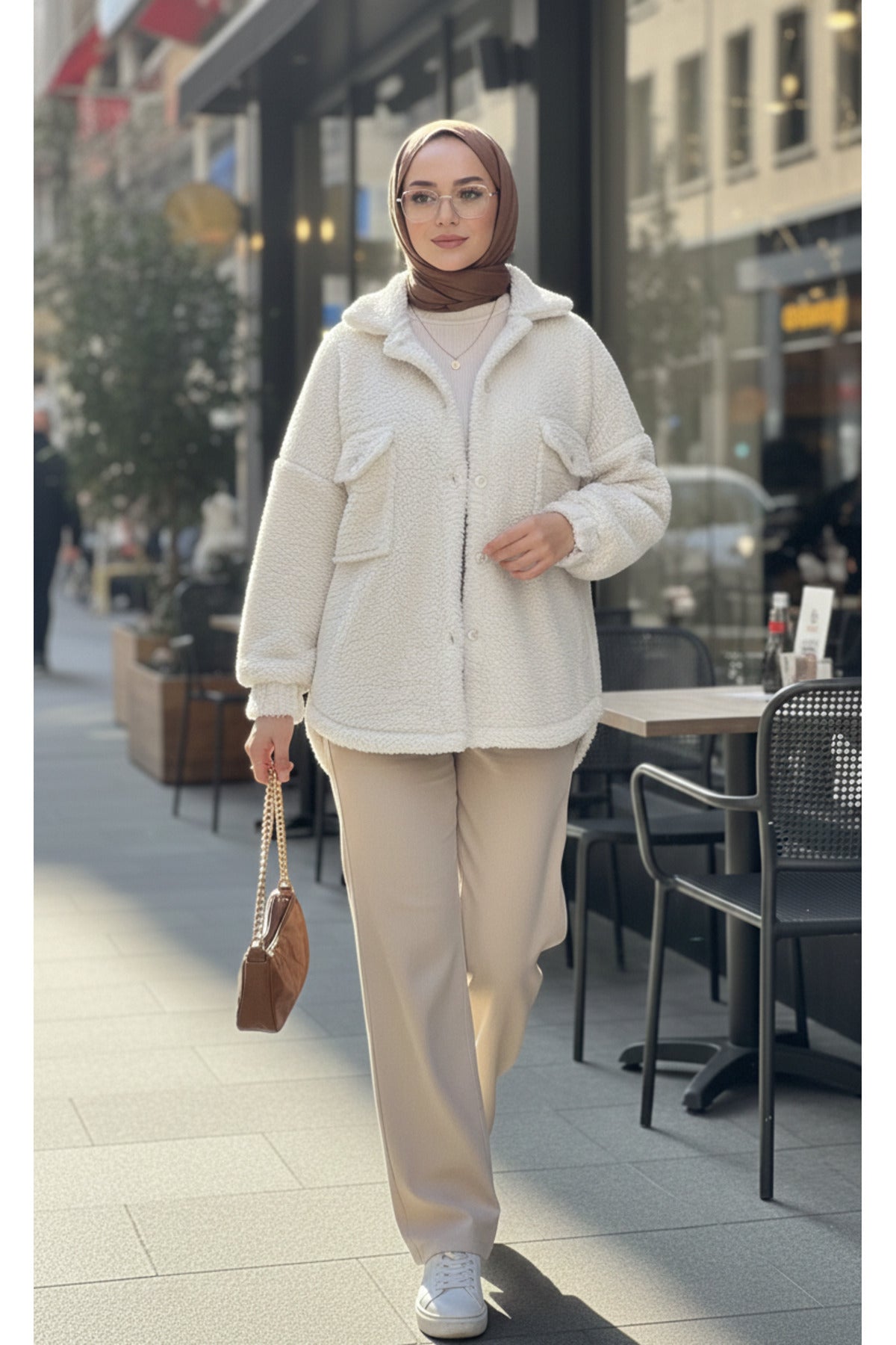 Kadın Oversize Peluş Kaban Cepli, Yumuşak Kumaş, Sıcak Tutan Günlük Ceket