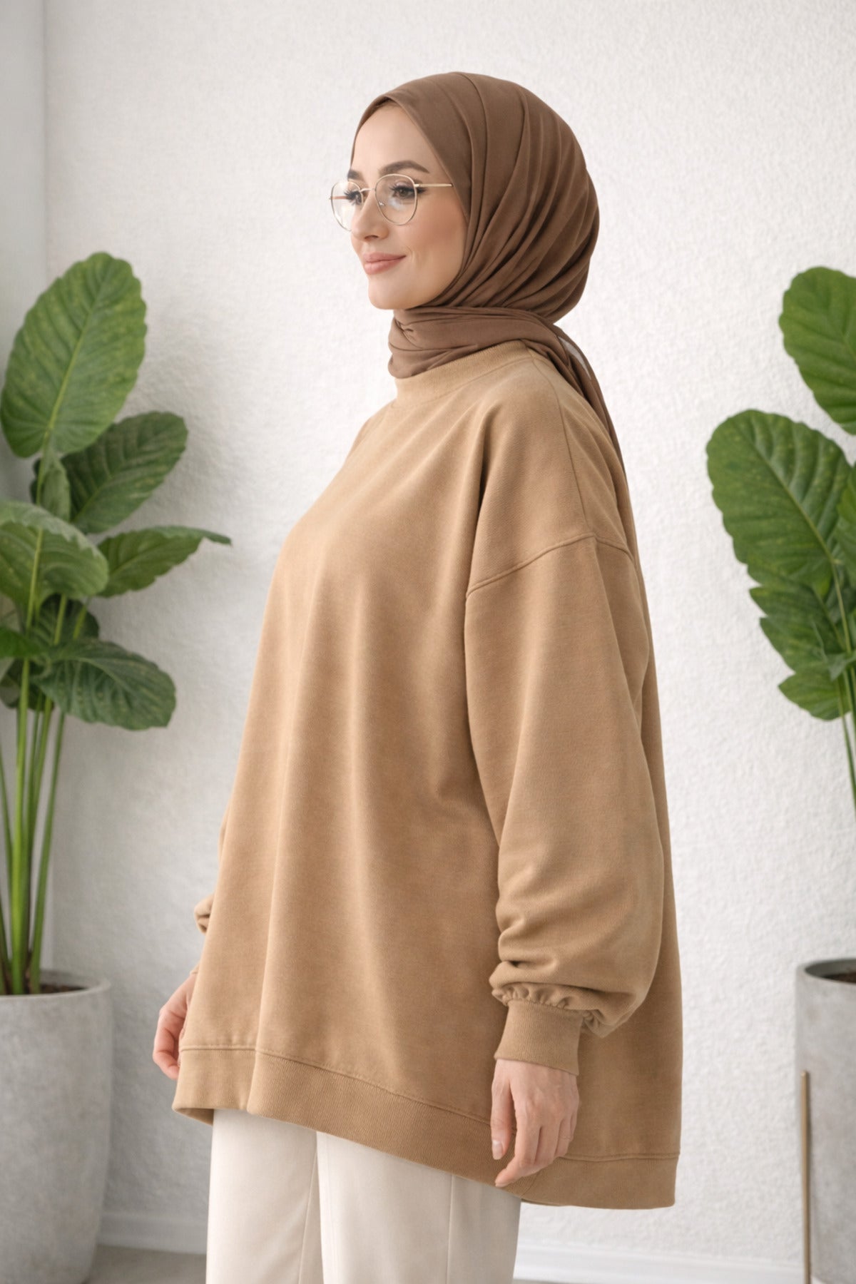 Kadın Kapüşonlu Balon Kol 3 İplik Şardonlu Geniş Ve Bol Kalıp Polar