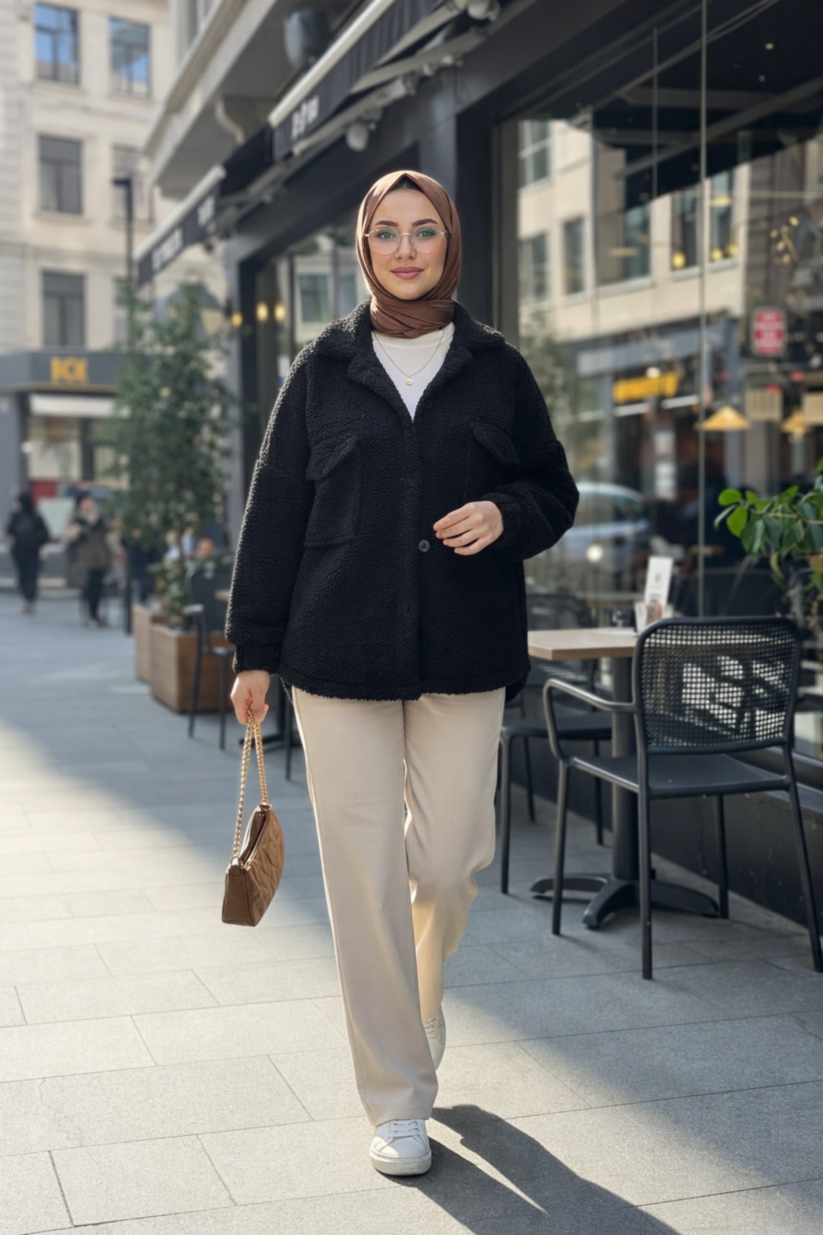 Kadın Oversize Peluş Kaban Cepli, Yumuşak Kumaş, Sıcak Tutan Günlük Ceket