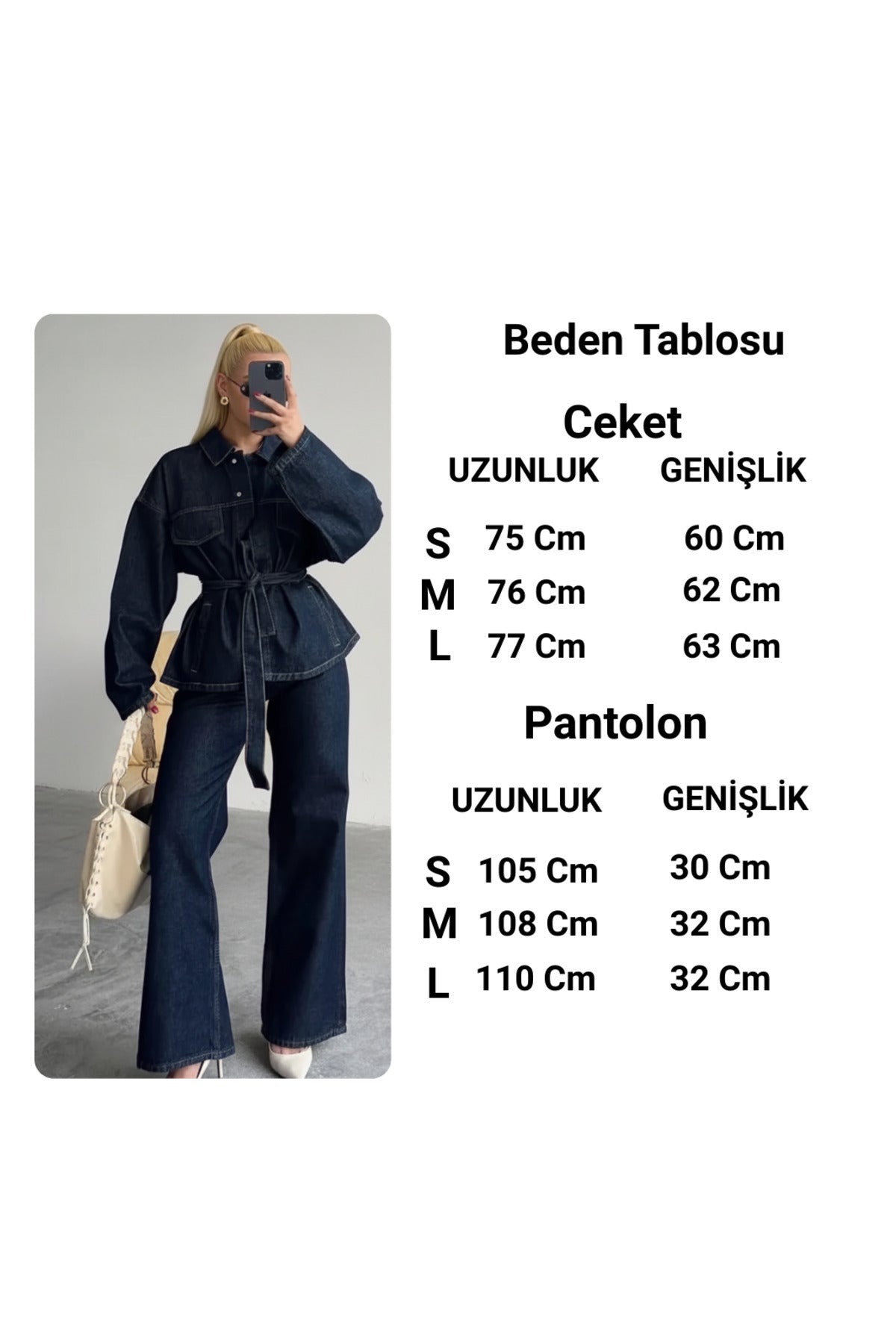 Bağlamalı Oversize Denim Kuşaklı Ceket Pantolon Takım