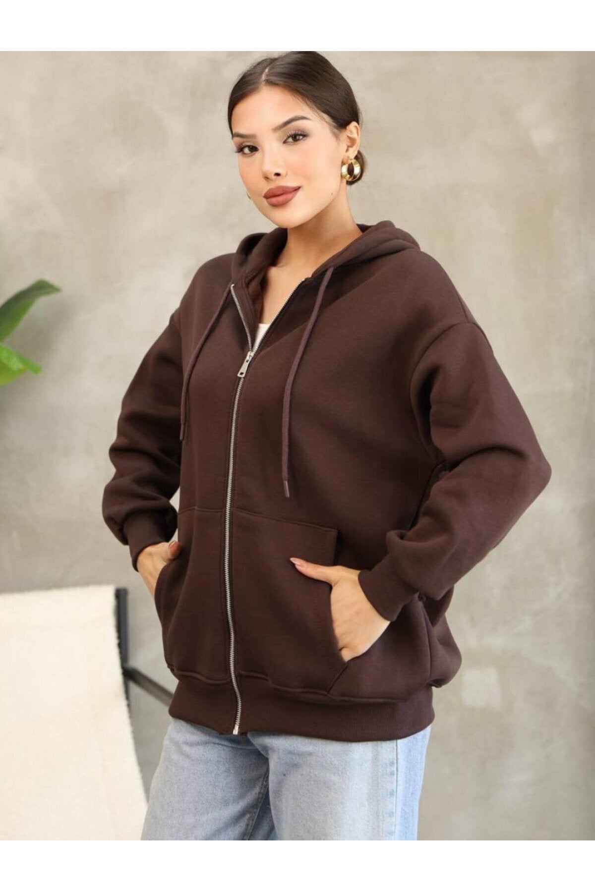 Kadın Günlük Şık Fermuarlı 3 İplik Sweat Hırka