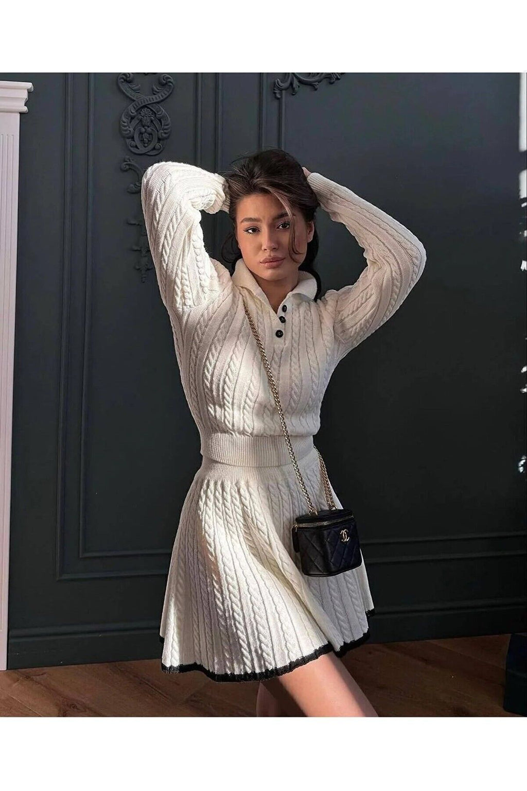 Kadın Triko Takım Polo Yaka Şık Kazak Etek Ikili Likralıdır