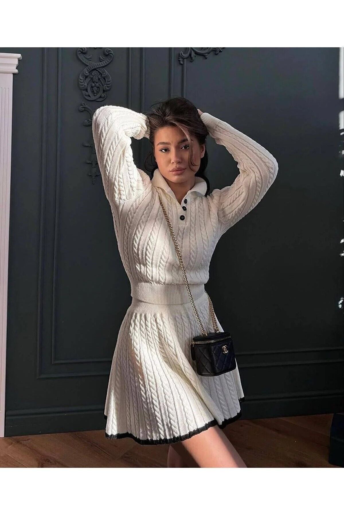 Kadın Triko Takım Polo Yaka Şık Kazak Etek Ikili Likralıdır