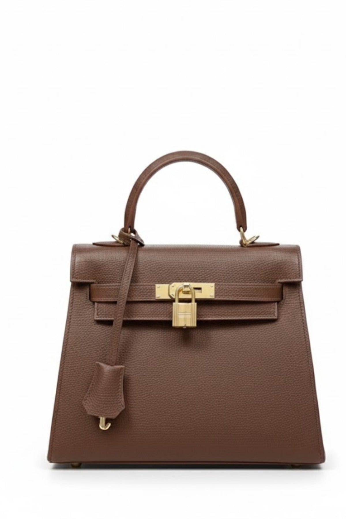 Kilitlemeli Kapaklı Kahverengi Deri El Çantası