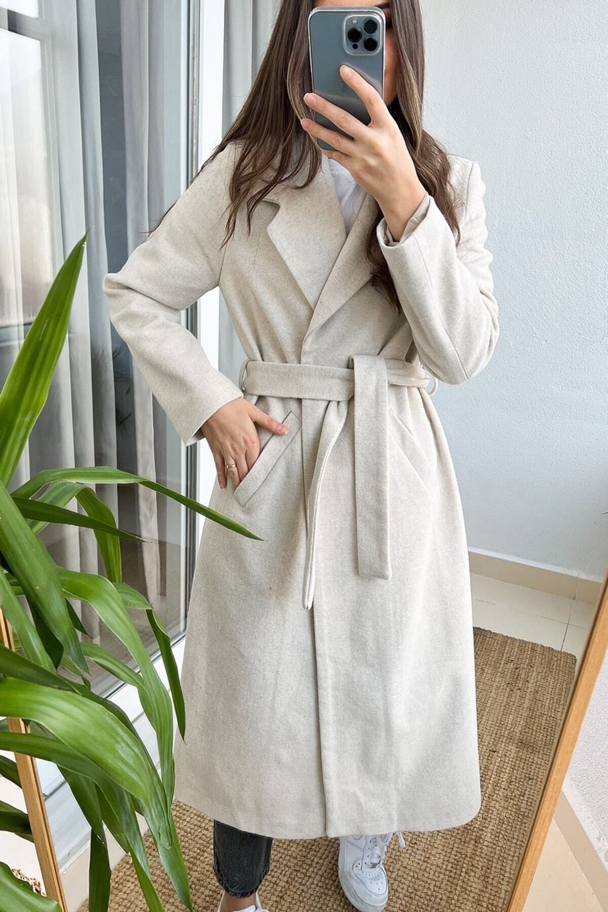 Kemerli Içi Astarlı Uzun Kaşe Kaban