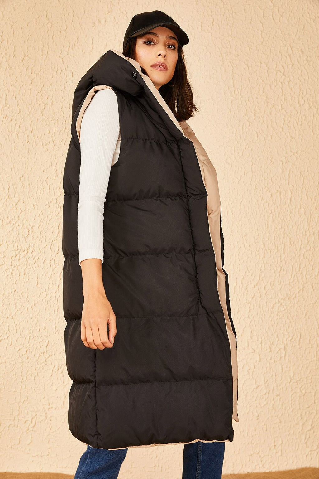 Kadın Çift Taraflı Uzun Kapişonlu Kolsuz Şişme Yelek