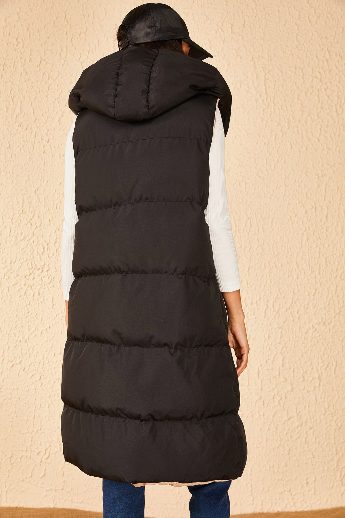 Kadın Çift Taraflı Uzun Kapişonlu Kolsuz Şişme Yelek