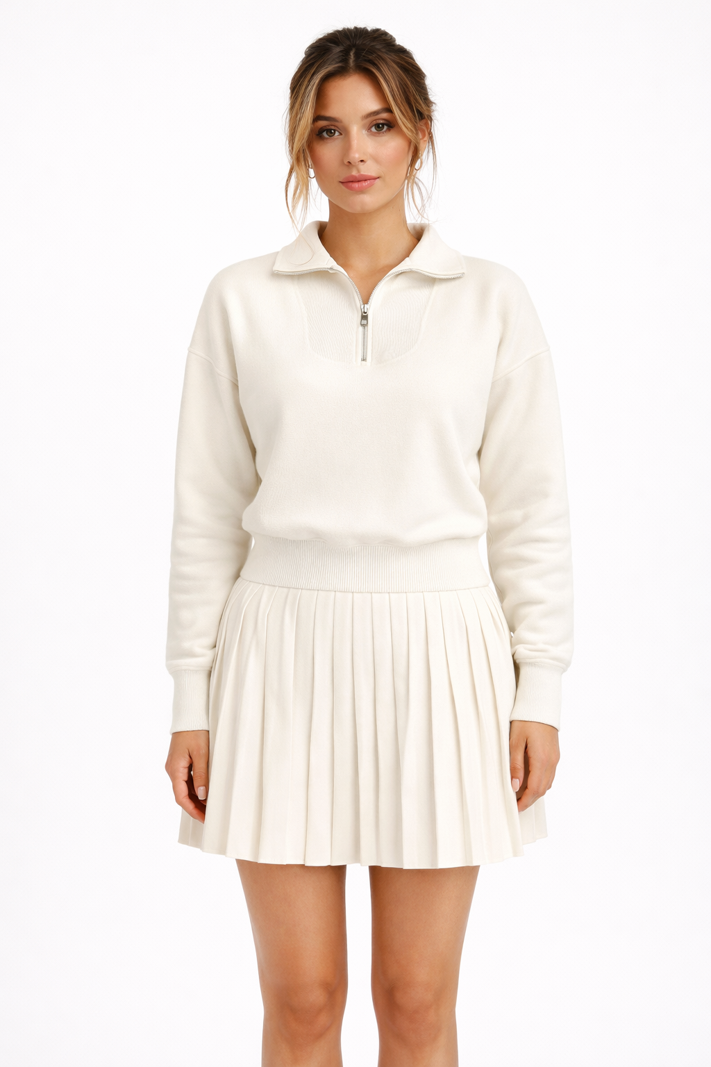 Kadın Triko Fermuarlı Polo Yaka Kazak & Piliseli Etek İkili Takım