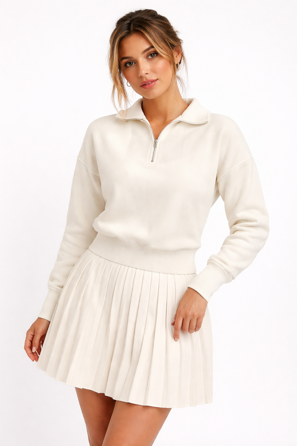 Kadın Triko Fermuarlı Polo Yaka Kazak & Piliseli Etek İkili Takım