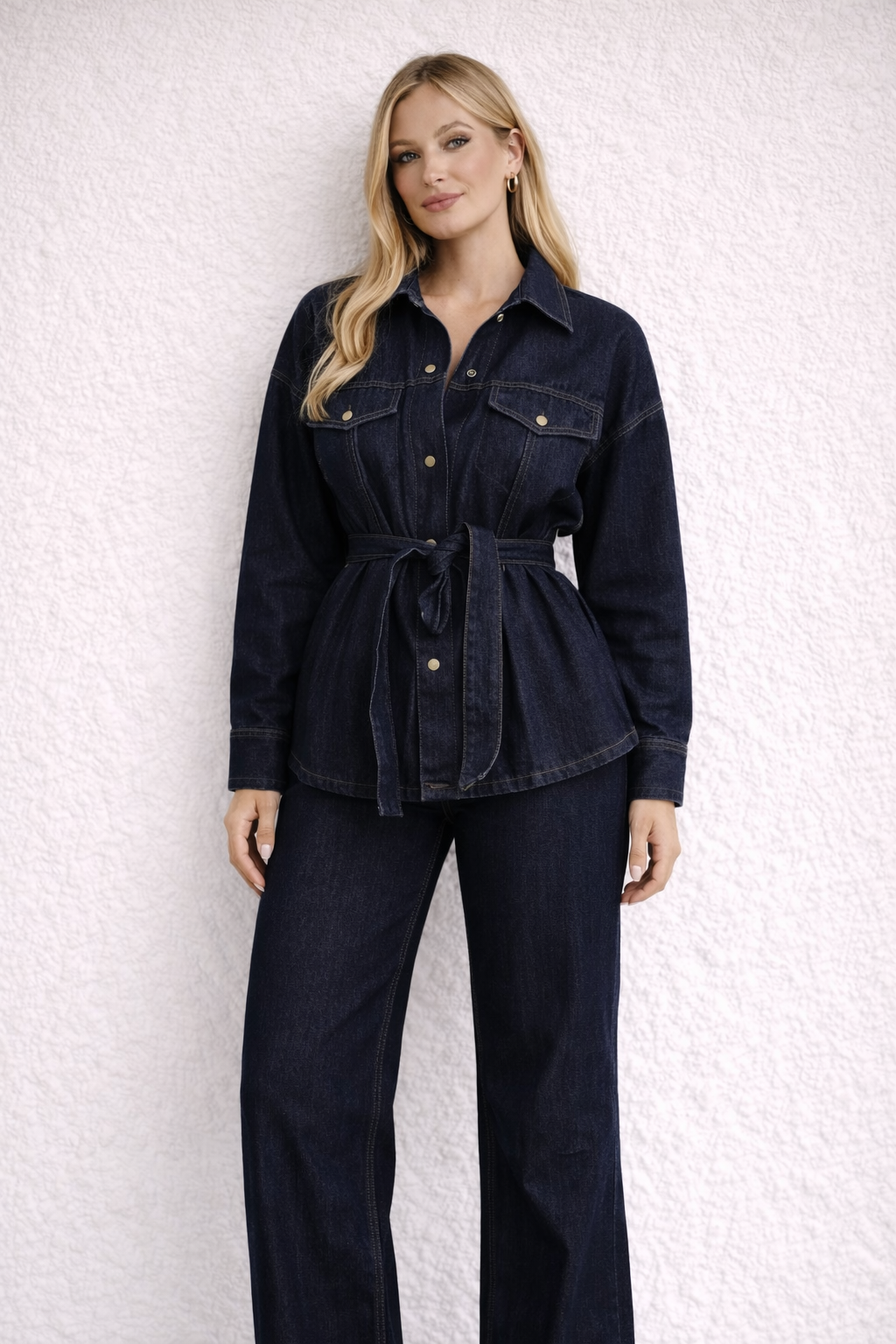 Bağlamalı Oversize Denim Kuşaklı Ceket Pantolon Takım
