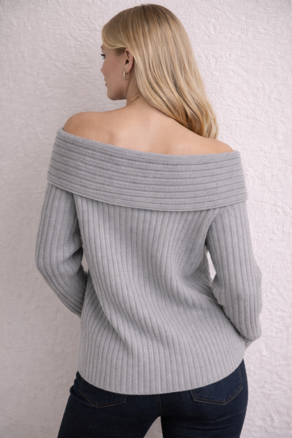 Kadın Gri Omuz Açık Katlamalı Kazak