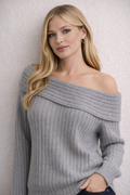 Kadın Gri Omuz Açık Katlamalı Kazak