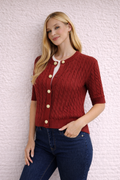 Kadın Bordo Bisiklet Yaka Saç Örgülü Triko Hırka